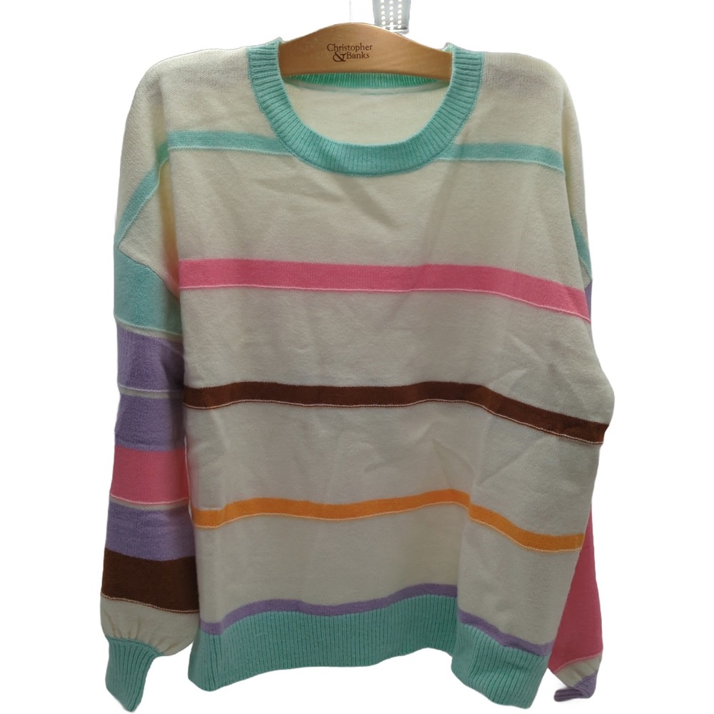 Multi Color Stripe Crew Neck Sweater XL Cream Knit Pullover